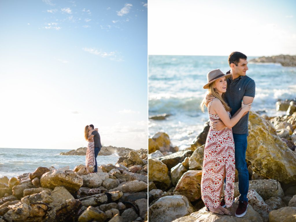 two photos of embracing man and woman in couples photoshoot