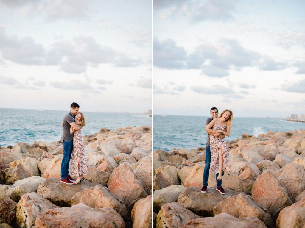 two photos of laughing couple posing on the beach