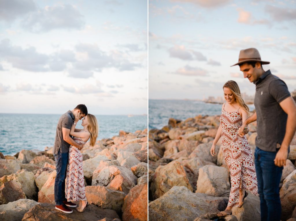 two photos of hugging and walking man and woman on rocks at beach