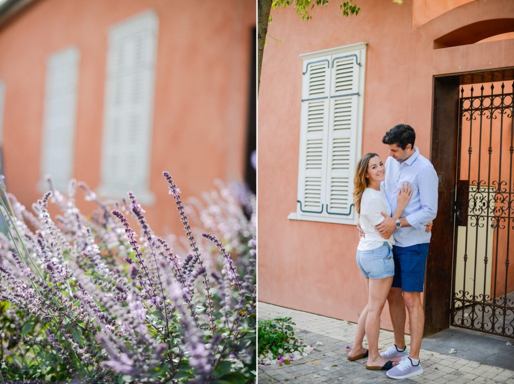 two photos of lavender and standing couple in neve tzedek for anniversary photoshoot