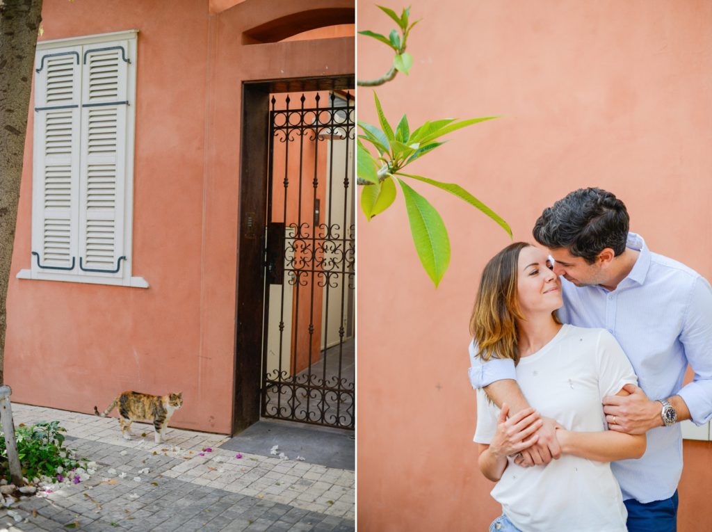 two photos of cat and couple hugging in neve tzedek for anniversary photoshoot