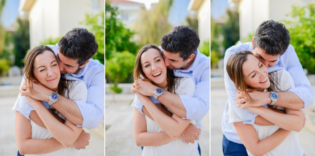 three photos of hugging and kissing couple in Neve Tzedek anniversary photoshoot