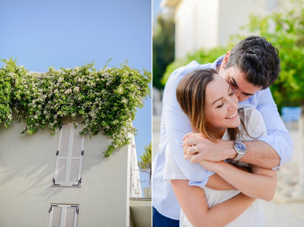 two photos of building with flowers and hugging couple in Neve Tzedek