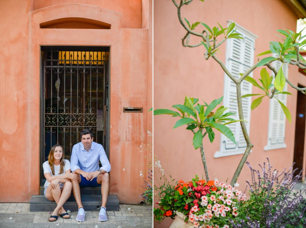 two photos of seated couple in doorway and plants in Neve Tzedek anniversary photoshoot