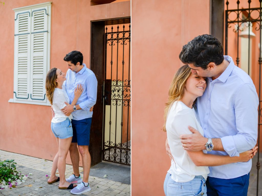 two photos of couple hugging outdoors in Neve Tzedek