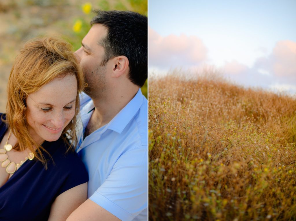 two photos of couple kissing and field of flowers 