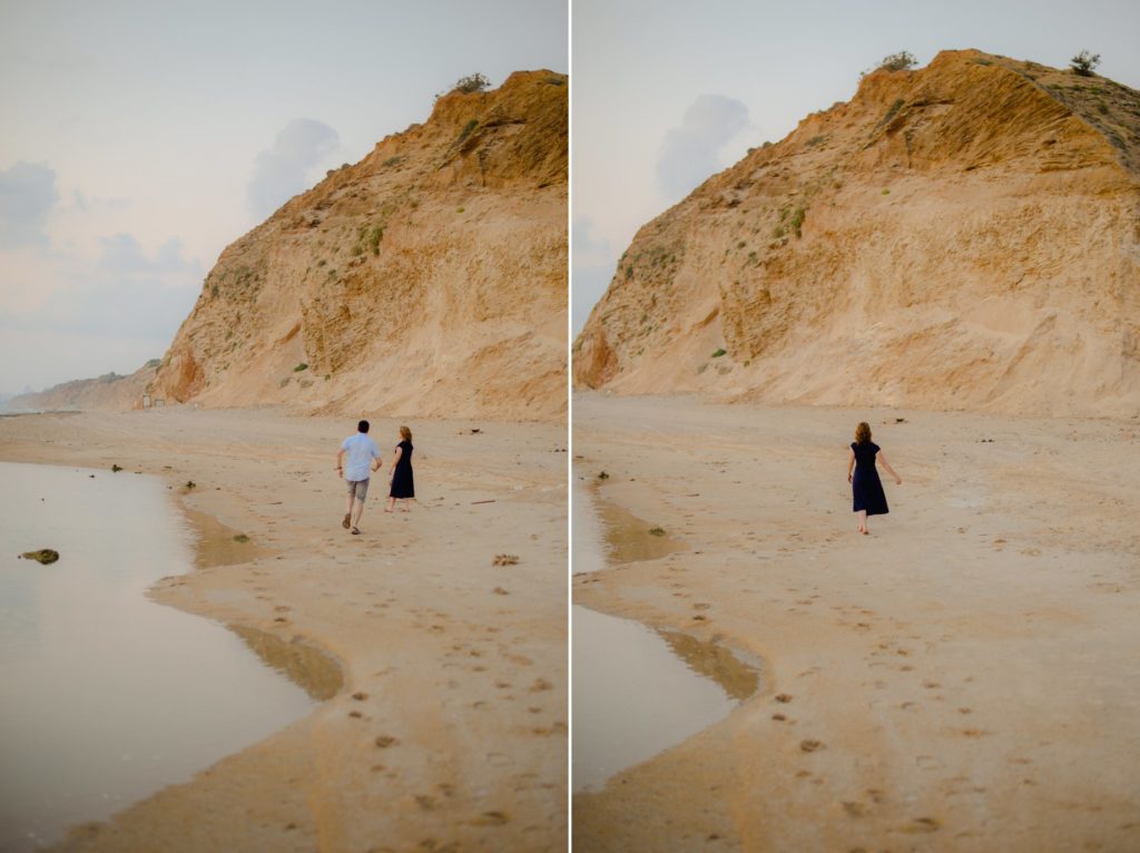 two photos of couple and woman in beach engagement photoshoot