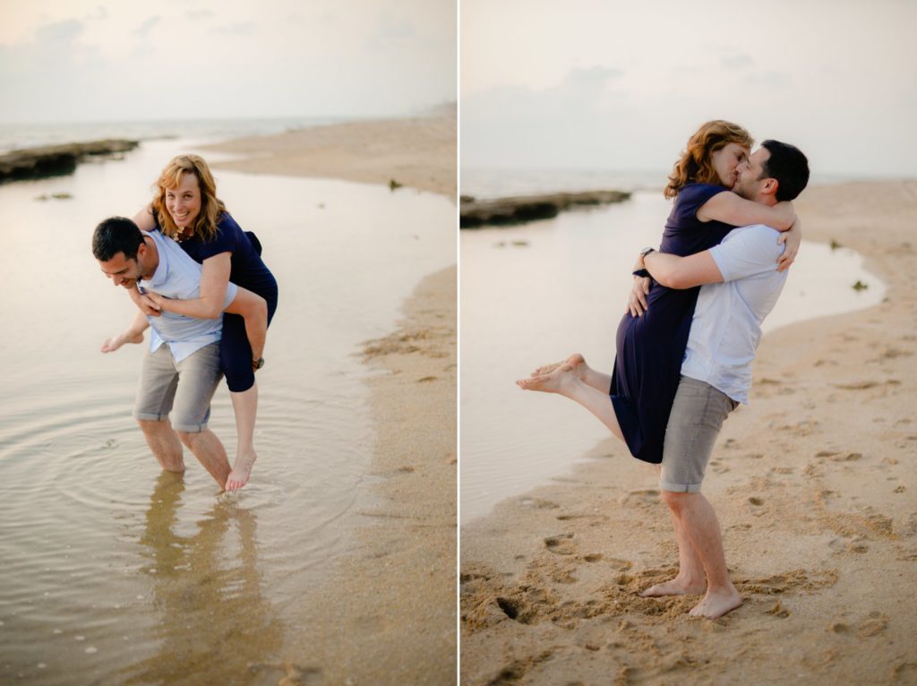 two photos of laughing and kissing couple in water at beach engagement photoshoot