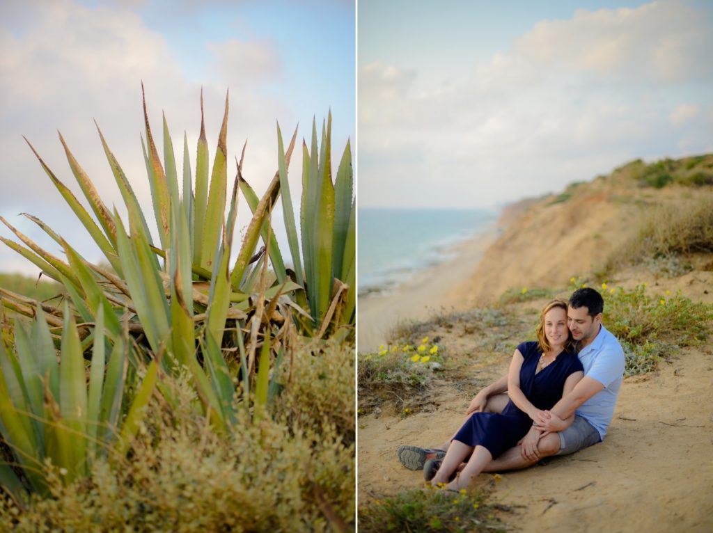 two photos of agave and couple embracing on the beach in engagement photography session