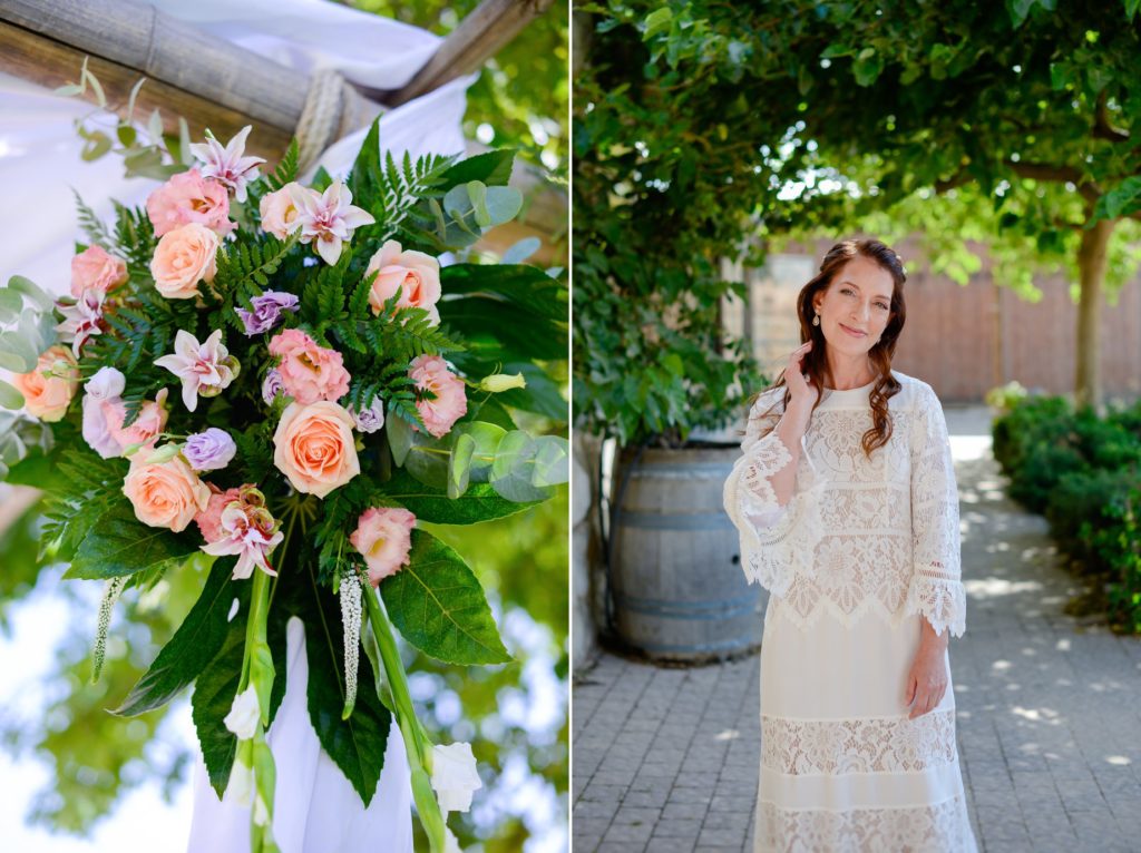 two photos of pink bouquet and woman in white dress