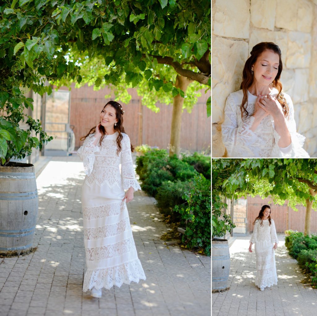 three photos of bride outside at desert wedding photoshoot