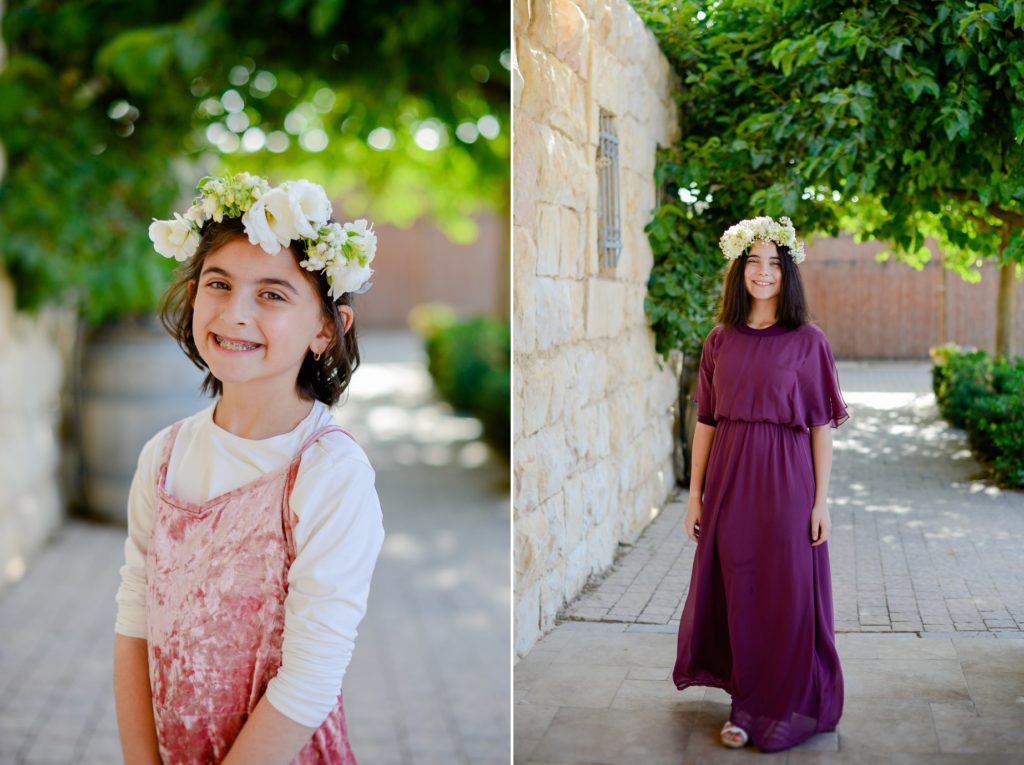 two photos of young girls with flower crowns at desert wedding photoshoot