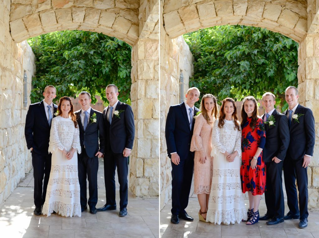 two photos of wedding party with bride and groom in brick doorway at desert wedding