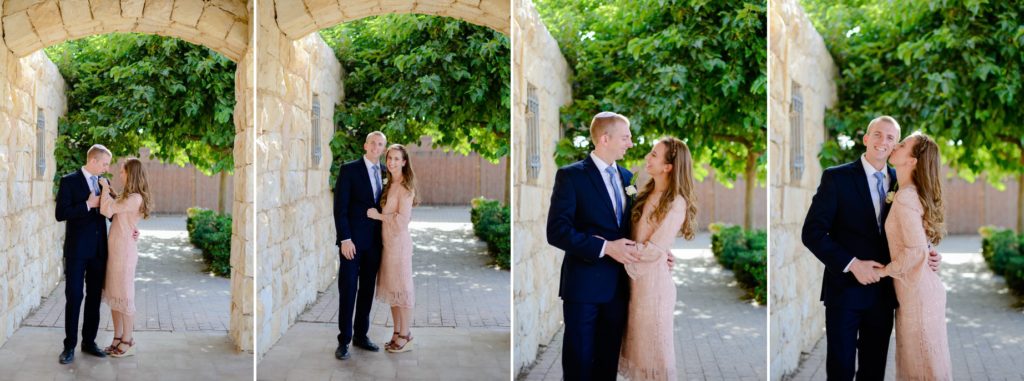 four photos of bride and groom in brick doorway at desert wedding photoshoot