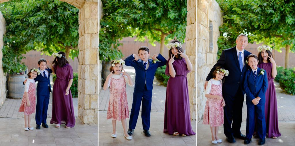 three photos of three young children posing and laughing outdoors with father