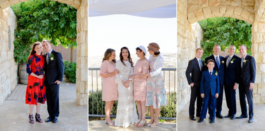 three group photos of wedding party and family outside at desert wedding photoshoot