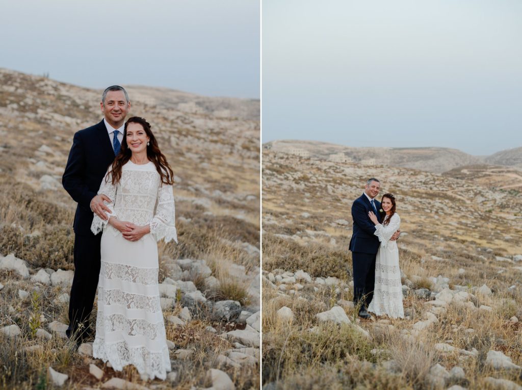 two photos of bride and groom posing outside at desert wedding photoshoot