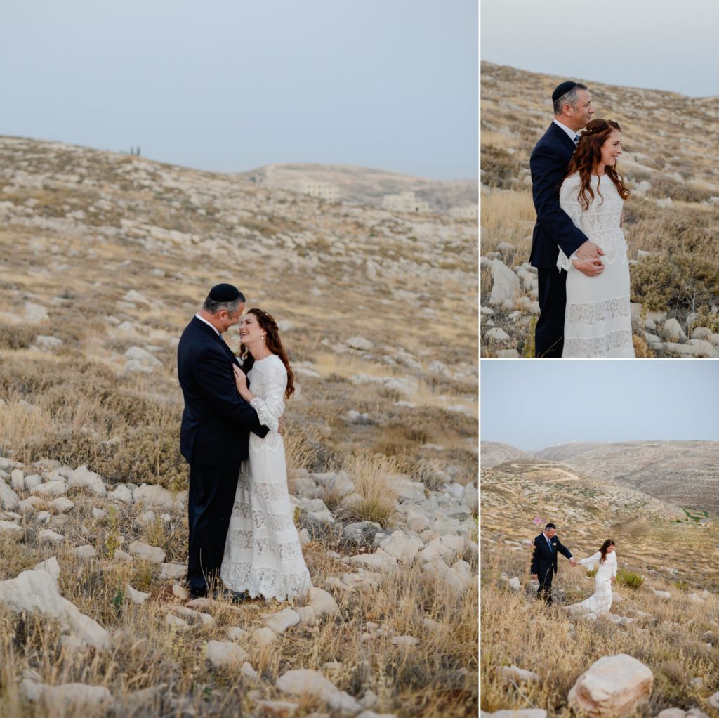 three photos of bride and groom posing outside at desert wedding photography session