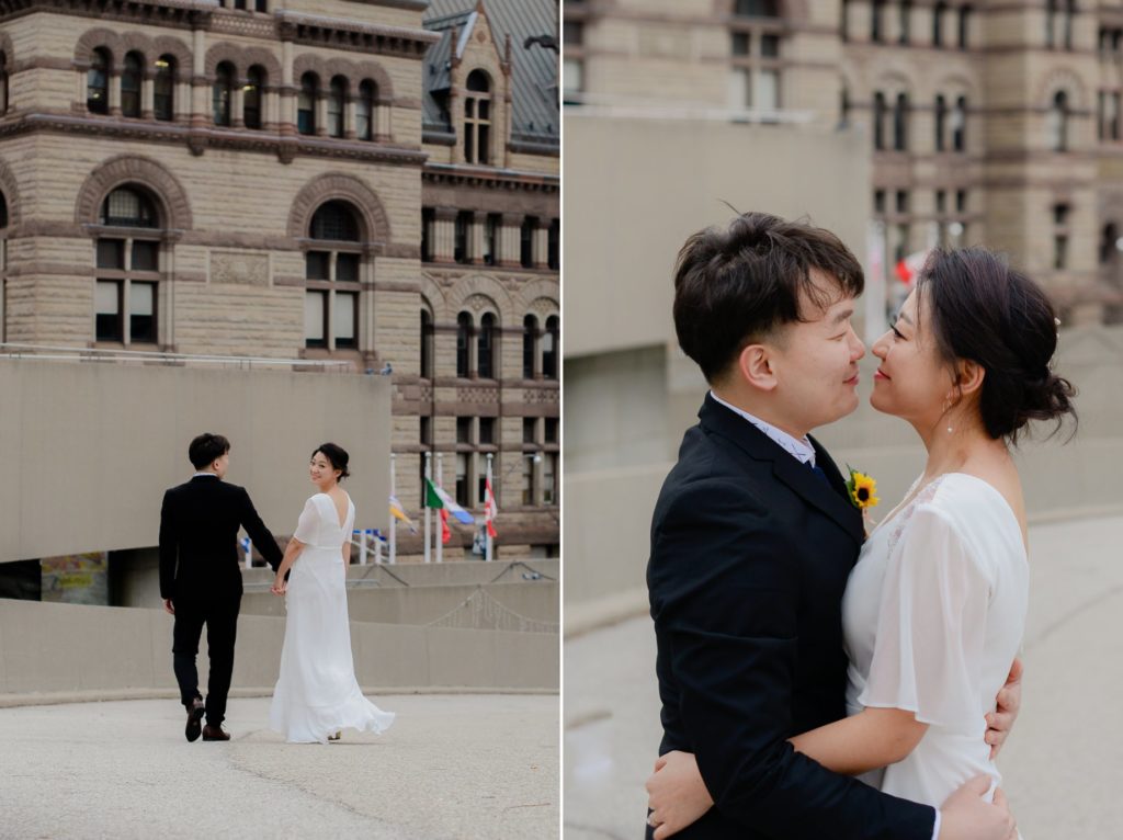 two photos of smiling and hugging bride and groom in front of toronto's city hall