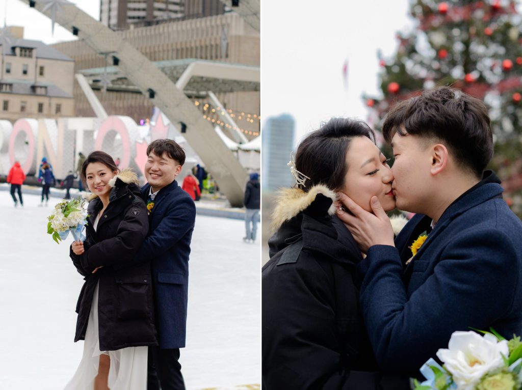 bride and groom kissing and posing in front of TORONTO city hall sign