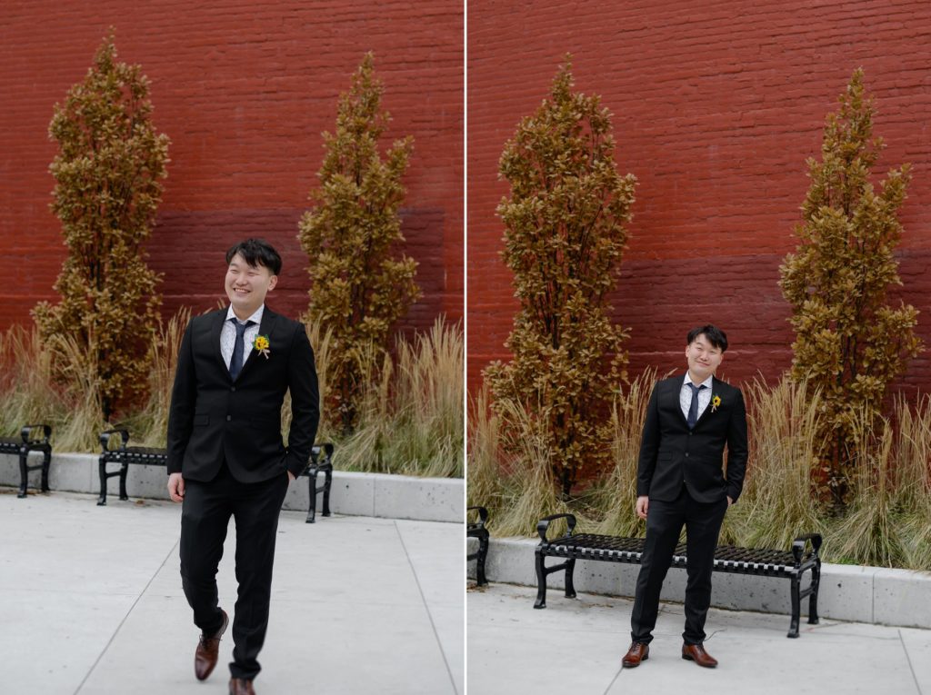 two photos of smiling groom outside toronto's city hall 