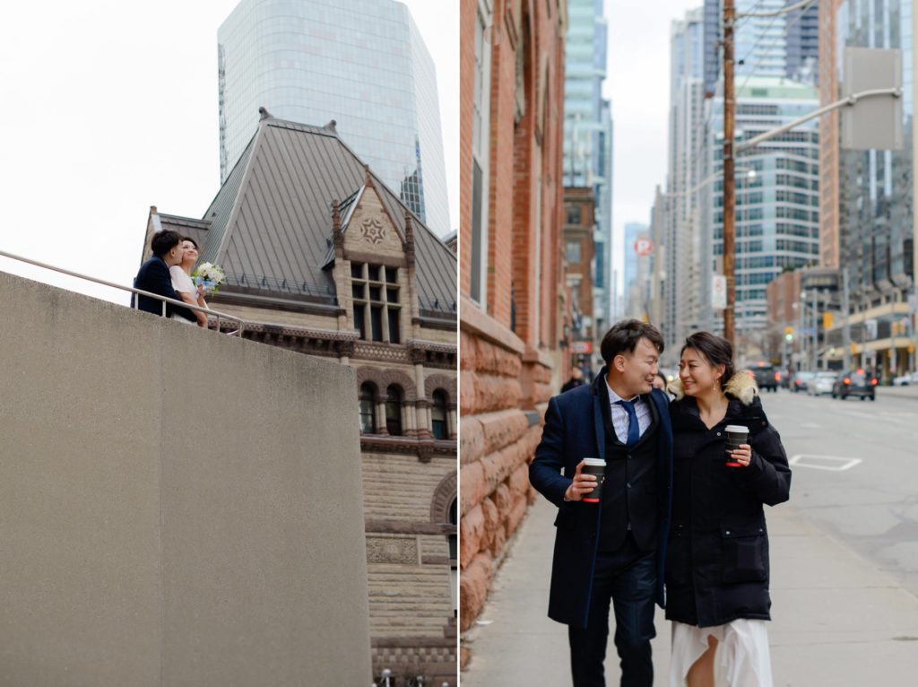 two photos of smiling couple at toronto's city hall wedding ceremony photoshoot