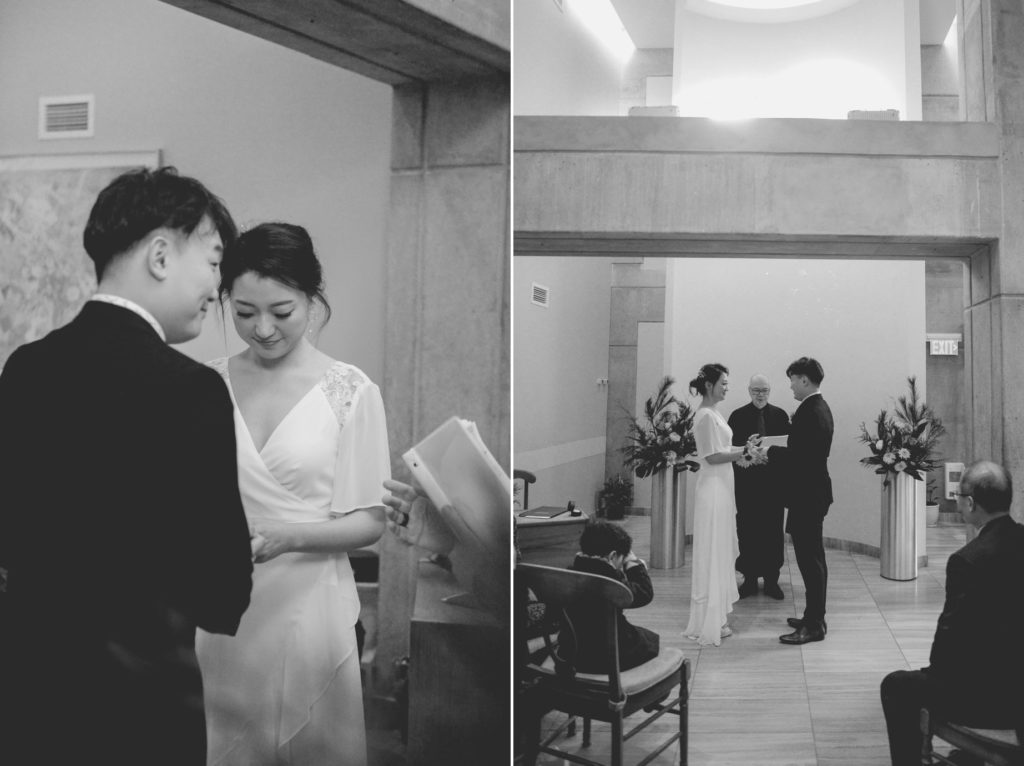 two photos of couple getting married in city hall wedding