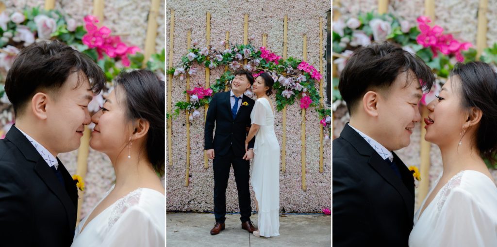 three photos of bride and groom smiling and posing in front of floral background for wedding photoshoot