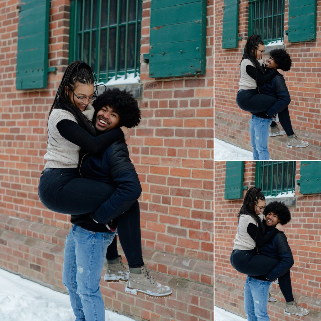 three photos of man picking woman up against brick wall