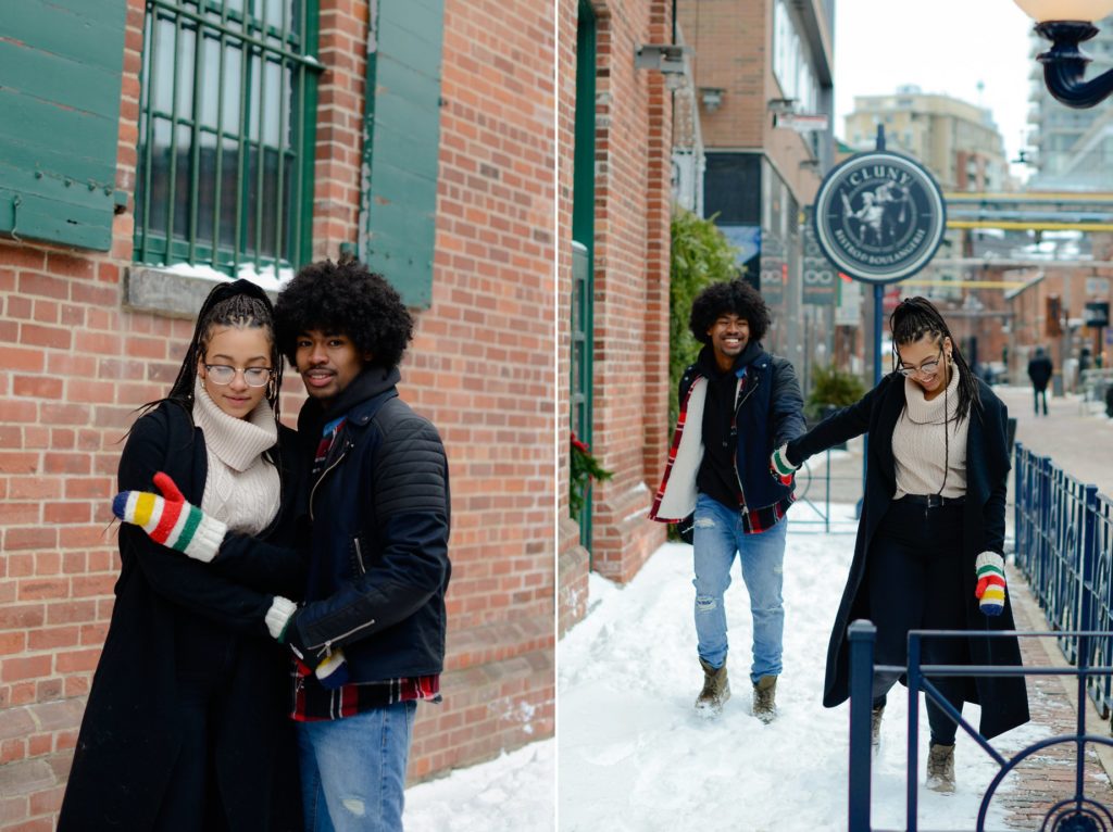 two photos of couple hugging and walking at engagement photography session