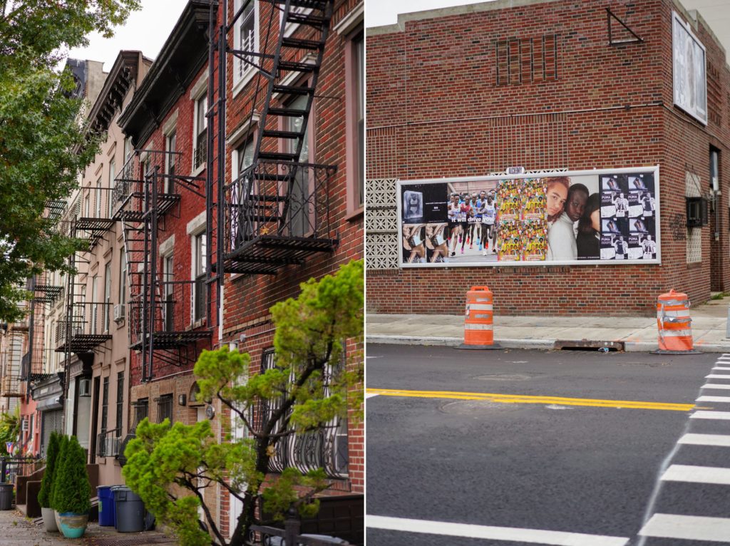 two photographs of new york city fire escapes and billboard