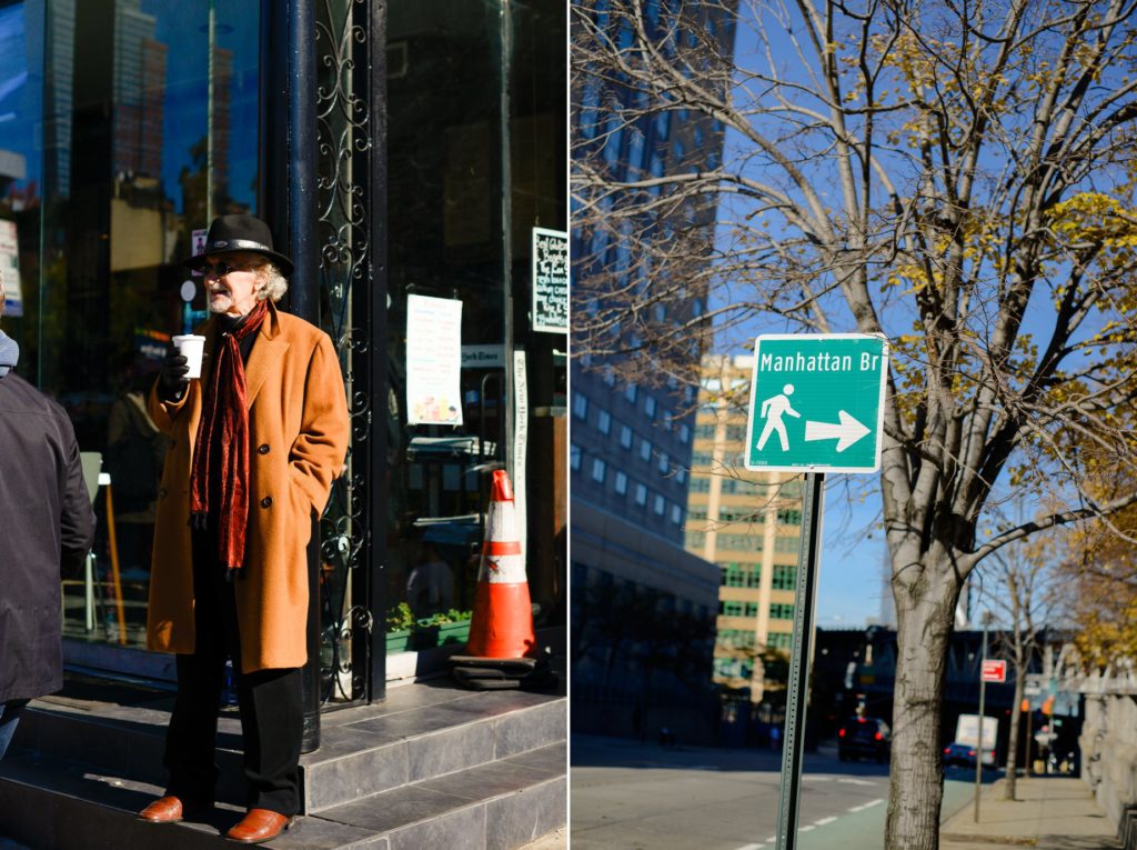 two photos of man in camel trenchcoat holding camera and sign to manhattan bridge