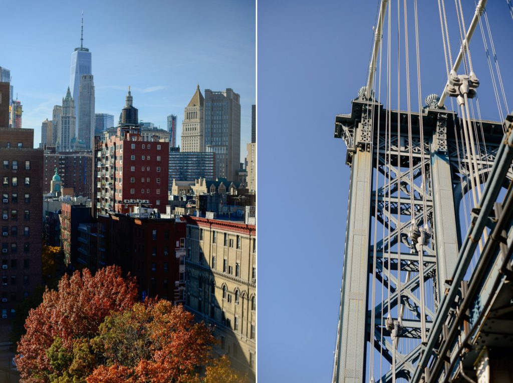 two photos of new york city skyline and brooklyn bridge