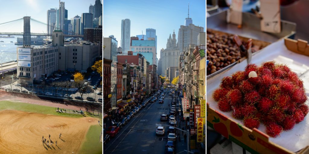 three shots of new york city streets, skyline, and lychee