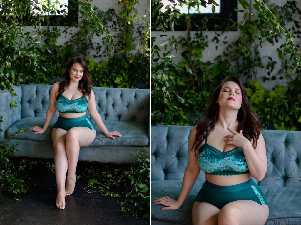 two photos of woman in teal lingerie set posing on blue couch surrounded by plans for boudoir photoshoot