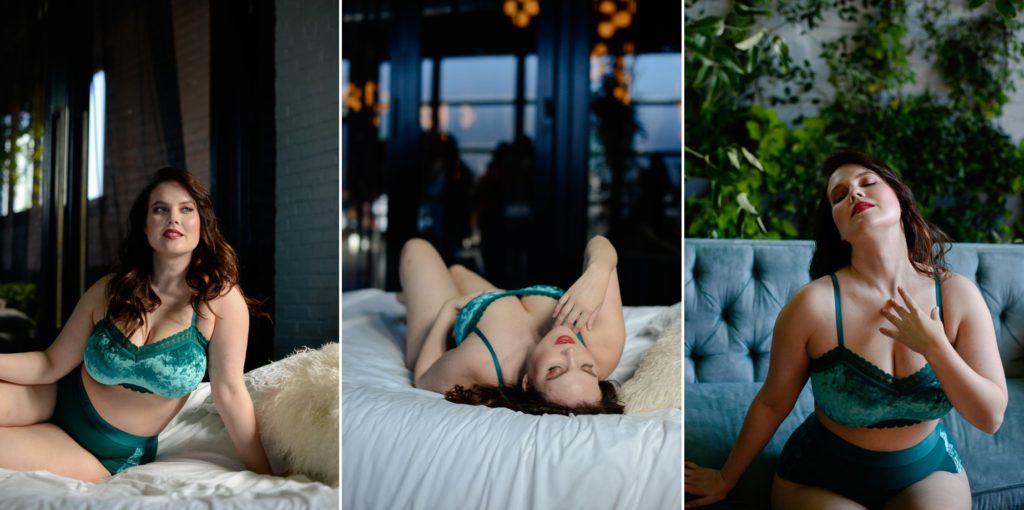 three photos of woman in teal lingerie set posing for boudoir photoshoot on bed and blue couch