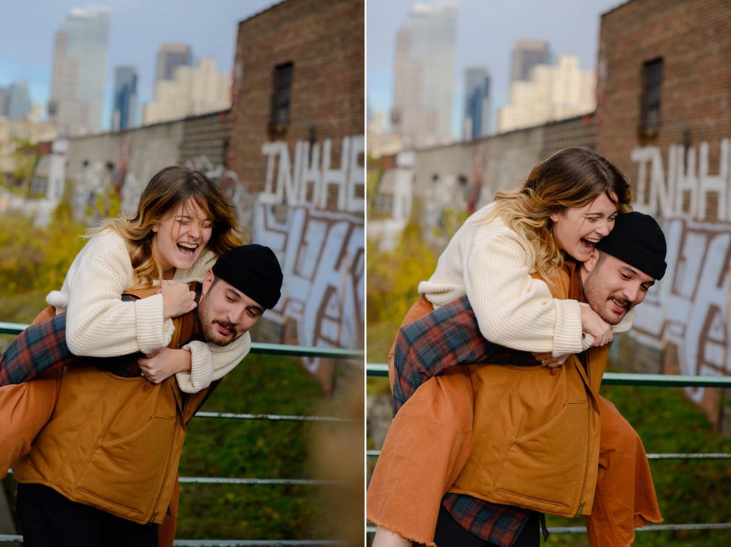 two photos of man in black beanie and brown vest giving laughing woman a piggyback ride for engagement photoshoot