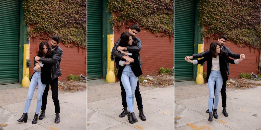 three photos of couple in black clothing posing and hugging outside at engagement photoshoot