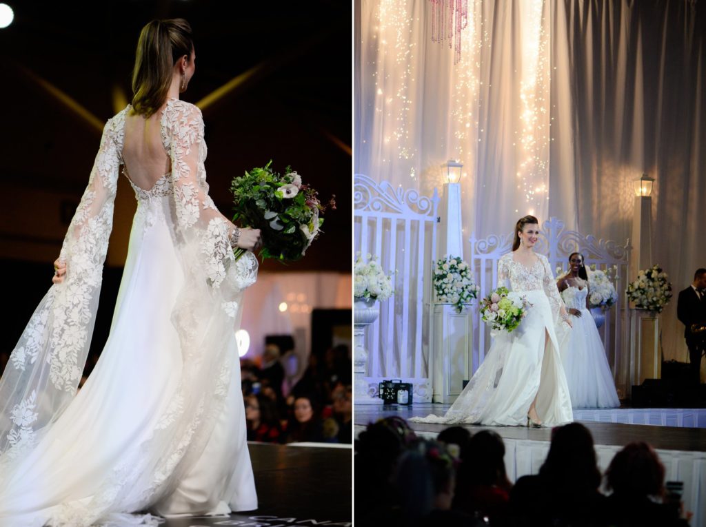 woman with backless long sleeve wedding dress and large bouquet on runway at Canada's Bridal Show 2019