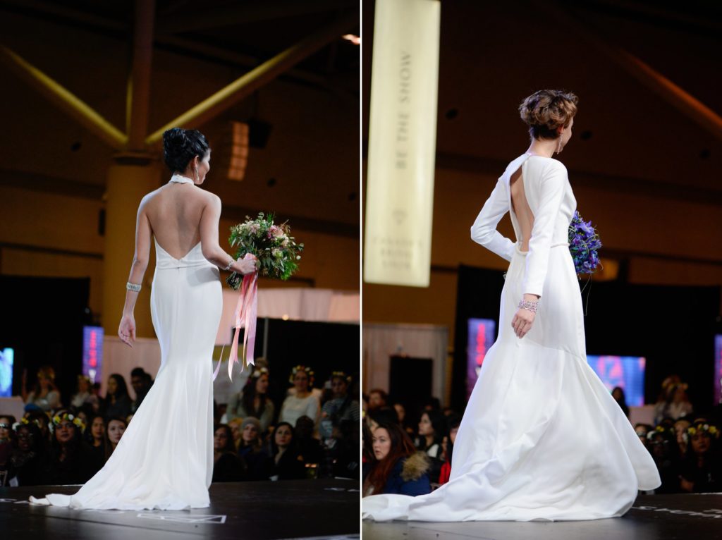 two photos of brides with sleeveless and long sleeve backless wedding dresses at Canada's Bridal Show 2019