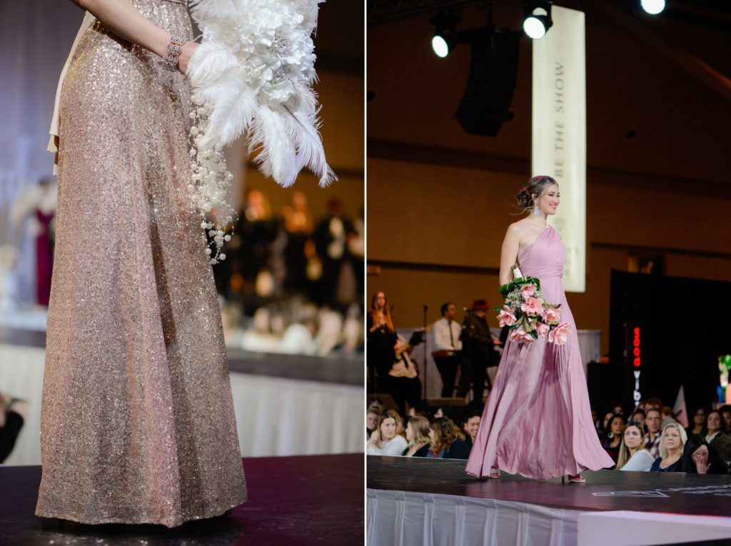 details of dusty rose sparkling bridesmaid dress and pink bridesmaid dress full length at Canada's Bridal Show 2019