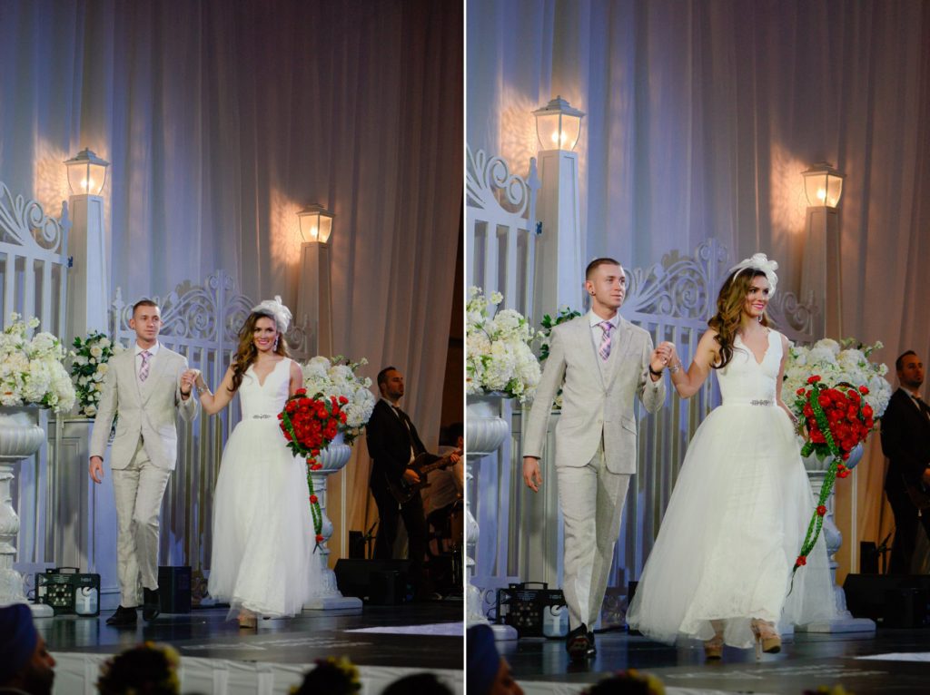 bride and groom in white and light suit and dress on runway at Canada's Bridal Show 2019