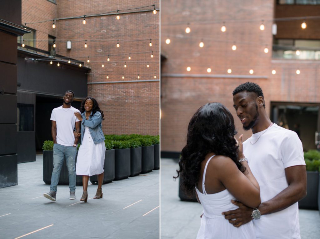 Couple walking in yorkville engagement photo