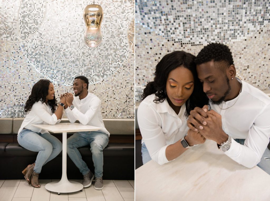 Yorkville center couple having coffee, mosaic background